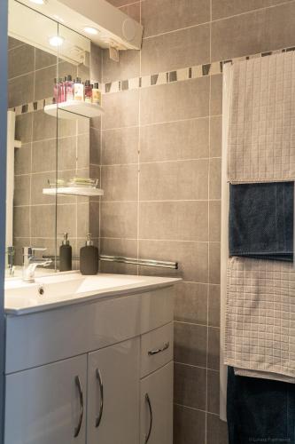 une salle de bain avec un lavabo et un miroir dans l'établissement Naturist village, beach side, ground floor apartment, au Cap d'Agde