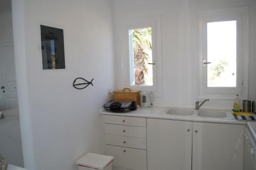 ミコノス・シティにあるNafsika 4Bedroom Sea View Houseの白いキッチン(シンク付)、窓2つ