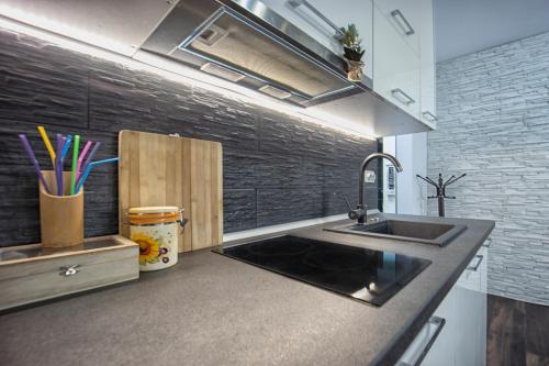 a kitchen with a sink and a counter at Studio Enis in Poiana Brasov