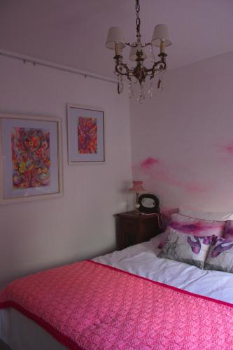 a bedroom with a pink bed and a chandelier at Allegra Dalila Casa Hotel-Arte in Tandil