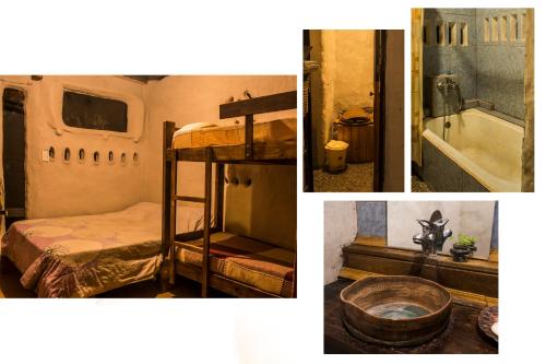 a collage of pictures of a room with a bed and a tub at Giramundo Hostel y Posada Eco-Cultural in San Marcos Sierras