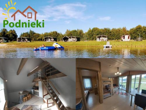 a collage of two pictures of a house on a lake at Guest House Podnieki in Ventspils