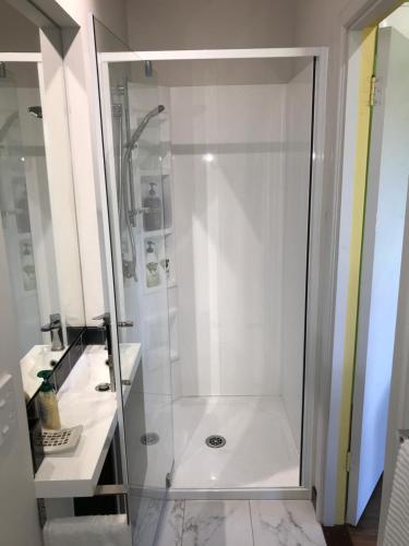 a shower with a glass door in a bathroom at City central apartment – modern, private & quiet in Invercargill