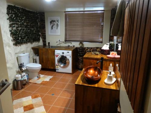 a bathroom with a sink and a washing machine at Di's Place in Coober Pedy
