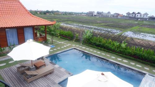a swimming pool with two chairs and an umbrella at Japa Guesthouse in Canggu