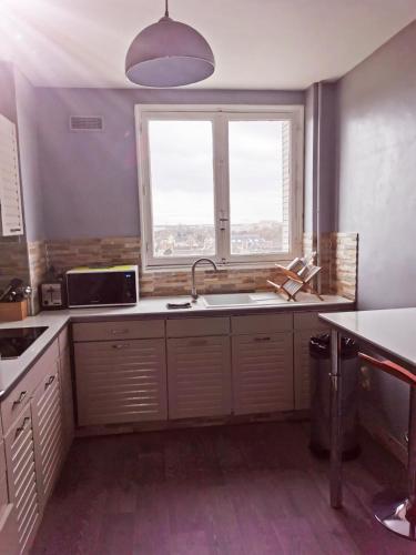 une cuisine avec un évier et une fenêtre dans l'établissement Appt ENTIER proche *CENTRE VILLE *GARE, à Sainte-Savine