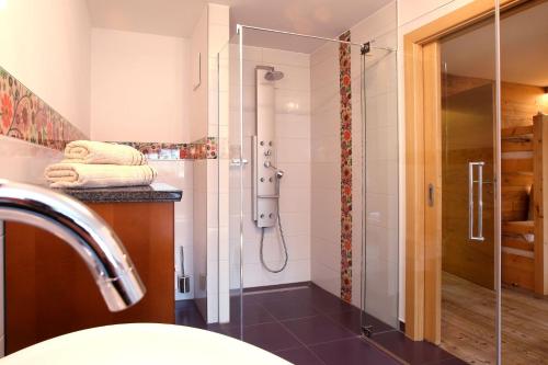 a bathroom with a shower with a glass door at Gästehaus Trixl in Zell am See