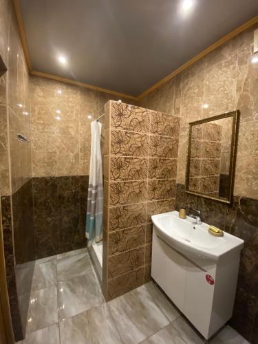 La salle de bains est pourvue d'un lavabo et d'une douche. dans l'établissement вул Роксолани , 16 центр 300 м до бювету, à Trouskavets