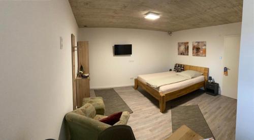 a bedroom with a bed and a couch and a tv at Pension Zur Alten Post in Untermeitingen