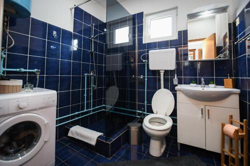 a blue tiled bathroom with a toilet and a sink at Casa DaFin Tekija - Kladovo in Tekija