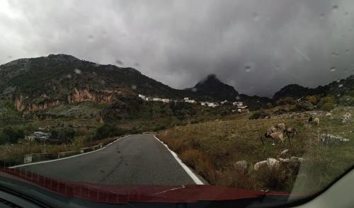 a view from a car window of a mountain road at El Escondite de Myriam in Grazalema