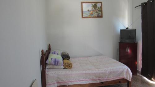 1 dormitorio con 1 cama y TV. en Casa Linda e Arejada, en São Thomé das Letras