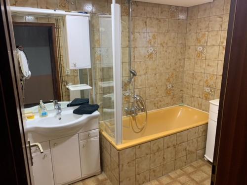 a bathroom with a sink and a shower and a tub at Ferienwohnung Limes in Aalen