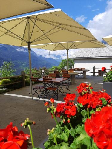 a patio with tables and umbrellas and red flowers at Hotel Stüa Granda in Soglio