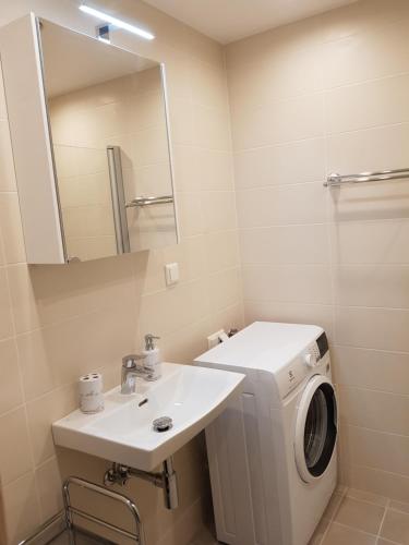 W łazience znajduje się pralka i umywalka. w obiekcie Heli apartment w Tallinnie