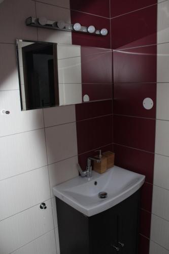 ein Bad mit einem Waschbecken und einem Spiegel in der Unterkunft BERNAT apartman in Vrútky
