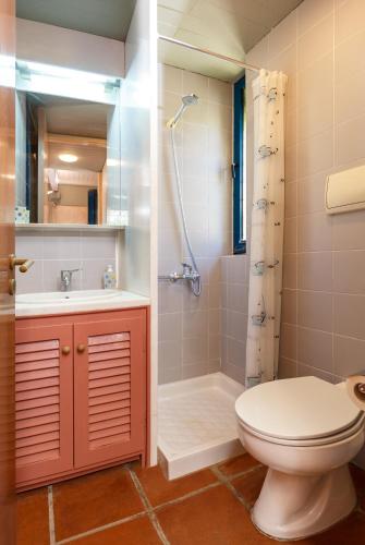 a bathroom with a toilet and a sink and a shower at Barbati Beach Art House in Barbati