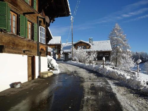 a snow covered street in a village with houses at Apartment Adlemsried by Interhome in Boltigen