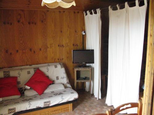 un salon avec un canapé et une télévision dans l'établissement Chalets du Vieux Frêne, à Saint-Hilaire