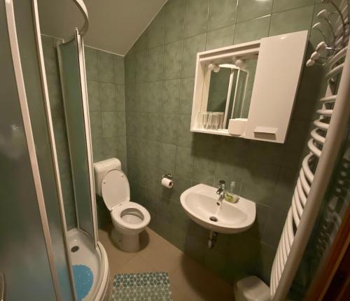 a small bathroom with a toilet and a sink at Guest House Lucija in Zagreb