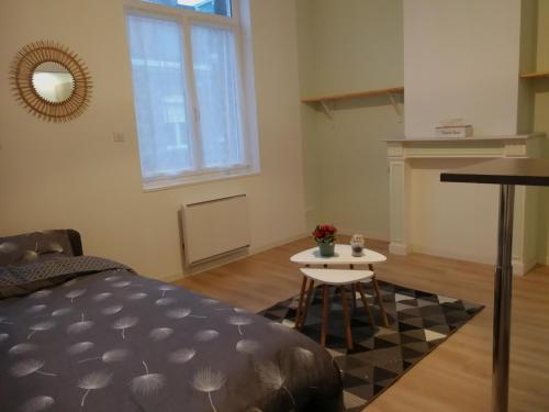 uma sala de estar com uma mesa e uma cadeira em Appartement calme, chaleureux et lumineux em Douai