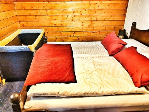 a bed with red pillows on it in a room at das Bergerleben in Sonnenalpe Nassfeld