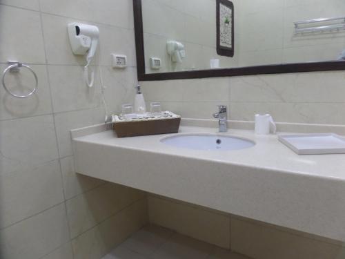 a bathroom with a sink and a mirror at Mount Nebo Hotel & Restaurant Madaba City Center in Madaba