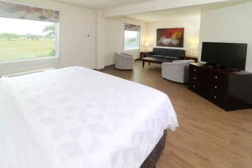 um quarto com uma grande cama branca e uma televisão em Holiday Inn Reynosa Industrial Poniente, an IHG Hotel em Reynosa