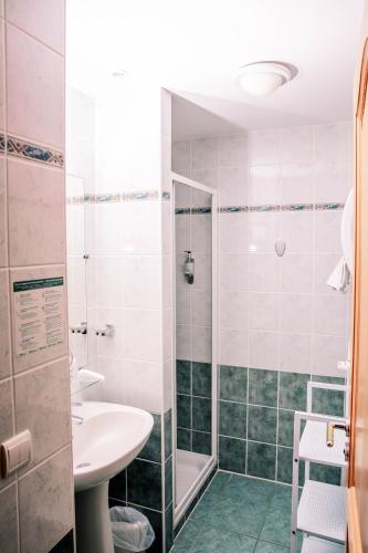 a bathroom with a sink and a shower at Hôtel Restaurant Domaine De Basil in Orbey