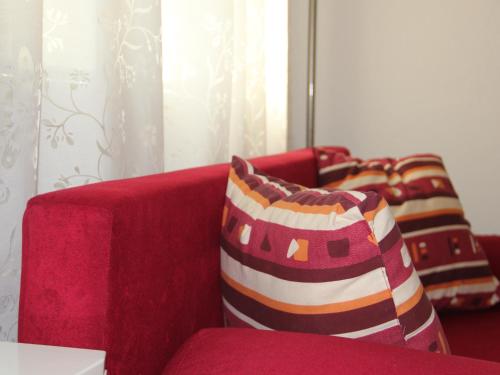 two pillows on a red couch in a living room at Basel Charme Apartments in Basel