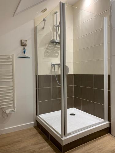 um chuveiro com uma porta de vidro na casa de banho em Côté Source em Pornic
