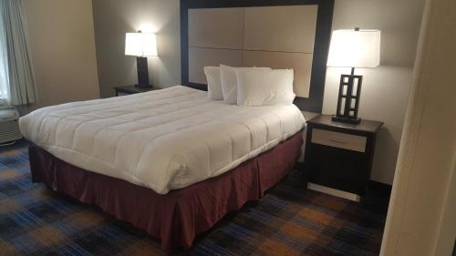uma cama grande num quarto de hotel com duas lâmpadas em REGENCY INN & SUITES em Pensacola