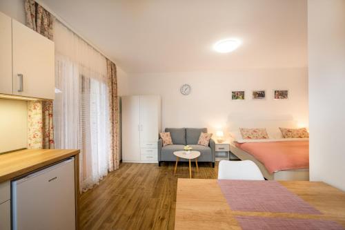 MikulčiceにあるPenzion Kateřinaのベッド1台とソファが備わる小さなアパートメントです。