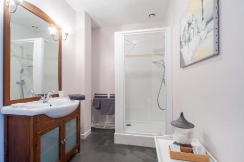 uma casa de banho com um lavatório e um chuveiro em L'Heure Bleue gîtes et chambres d'hôtes em Givenchy-en-Gohelle
