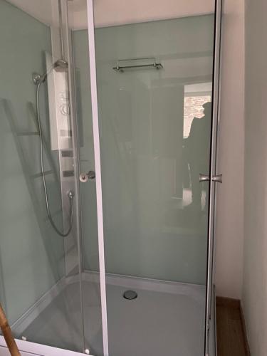 um chuveiro com uma porta de vidro na casa de banho em Gwladys's Home em Aywaille