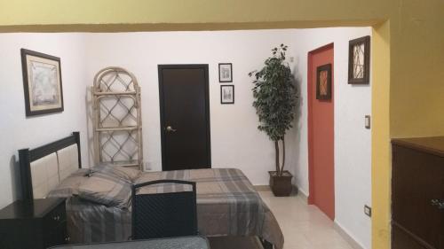 a bedroom with a bed and a door and a plant at Depto Las Puertas de la Ria #4 in Campeche