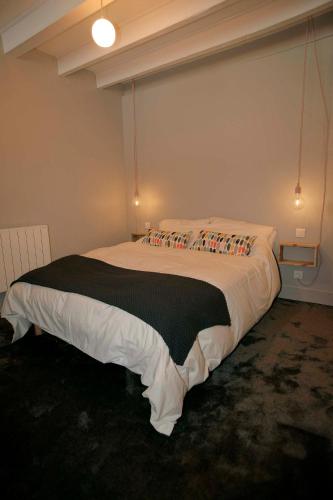 a bedroom with a large bed in a room at Le Caribou d'Eva in Portbail