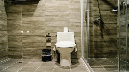 a bathroom with a toilet and a glass shower at Kuei Ti Wan Hotel in Checheng