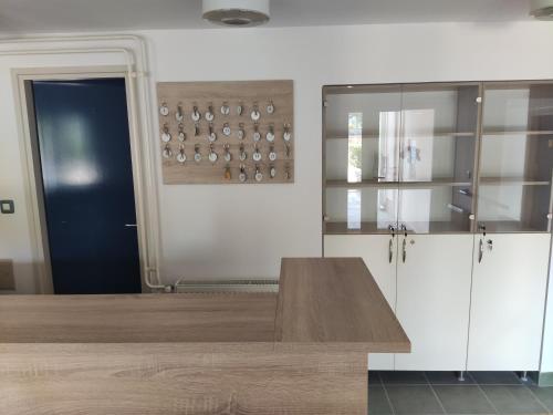 a kitchen with white cabinets and a blue door at Erks Premantura in Premantura