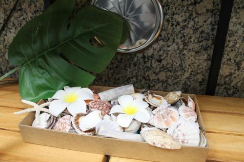 a box of shells and flowers on a table at Okubo Hotel Hawaii in Tokyo