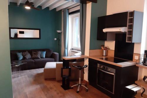 un salon avec une cuisine et un salon avec un canapé dans l'établissement Wool INN Le 32, à Milly-la-Forêt