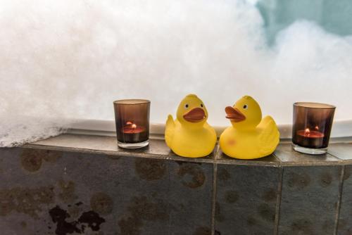 Trzy gumowe kaczki siedzące na gzymsie ze świecami w obiekcie Hotel Krone Sihlbrugg w mieście Sihlbrugg Dorf