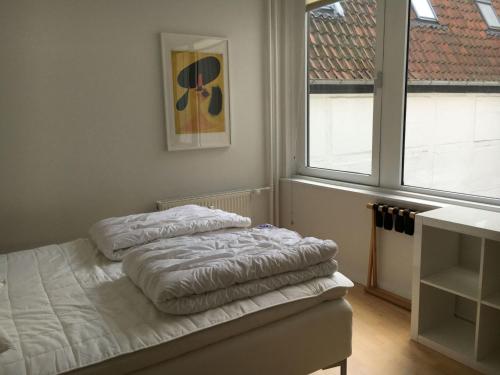 コペンハーゲンにあるApartmentInCopenhagen Apartment 936のベッドルーム1室(ベッド1台、窓2つ付)