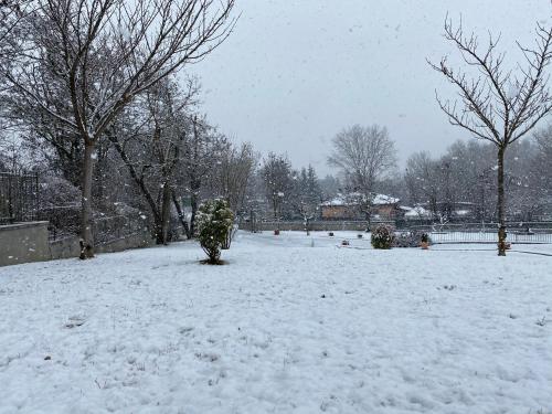 a park covered in snow with trees and buildings at B&B Oasi Vetoio in LʼAquila