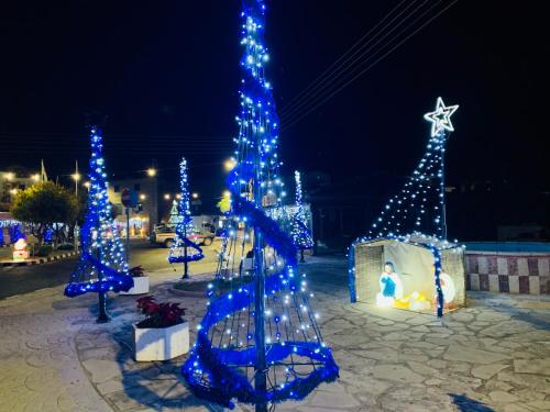 a group of christmas trees decorated with blue lights at Zefyros love apartment in Mandria