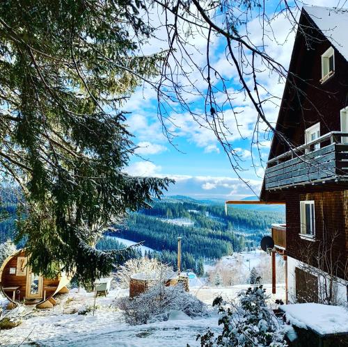a house in the snow with a view at Ferienhaus "Am Wäldle" in Feldberg