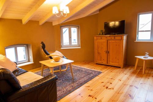 a living room with a couch and a tv at Ferienwohnungen Muehlenblick in Röbel