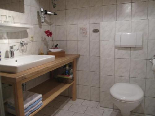 uma casa de banho com um lavatório e um WC em Hausernhof em Inzell
