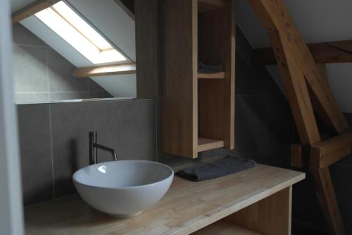 a bathroom with a white bowl sink on a wooden counter at De Lanterfanters Vakantiehuisjes in Nieuwpoort