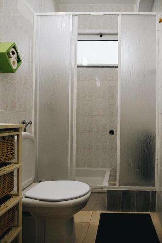 a bathroom with a white toilet and a shower at casa litoral in Pataias